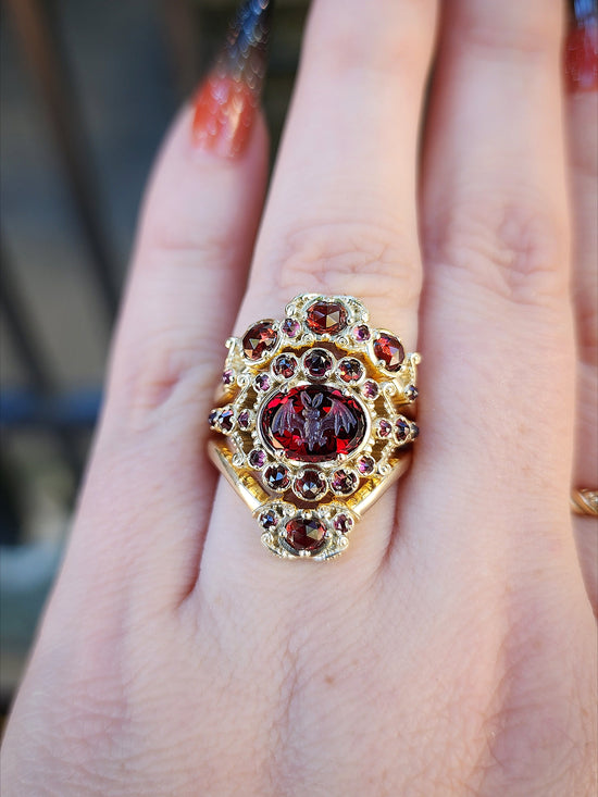 MADE To ORDER - Vampire - Bat Garnet Intaglio Gothic Victorian Style Ring Set with Rose Cut Garnets - Blood Red - Drawlloween