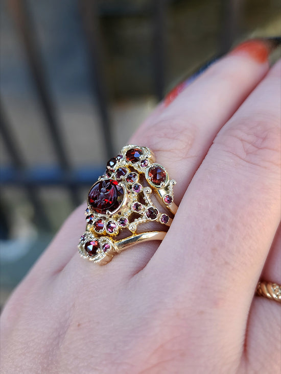 READY To SHIP Size 6-8 - Vampire - Bat Garnet Intaglio Gothic Victorian Style Ring Set with Rose Cut Garnets - Blood Red - Drawlloween 14k Yellow Gold