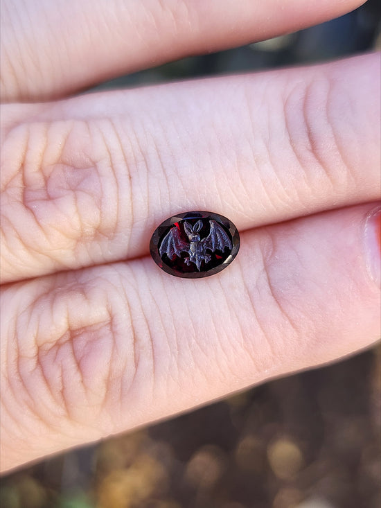 READY To SHIP Size 6-8 - Vampire - Bat Garnet Intaglio Gothic Victorian Style Ring Set with Rose Cut Garnets - Blood Red - Drawlloween 14k Yellow Gold