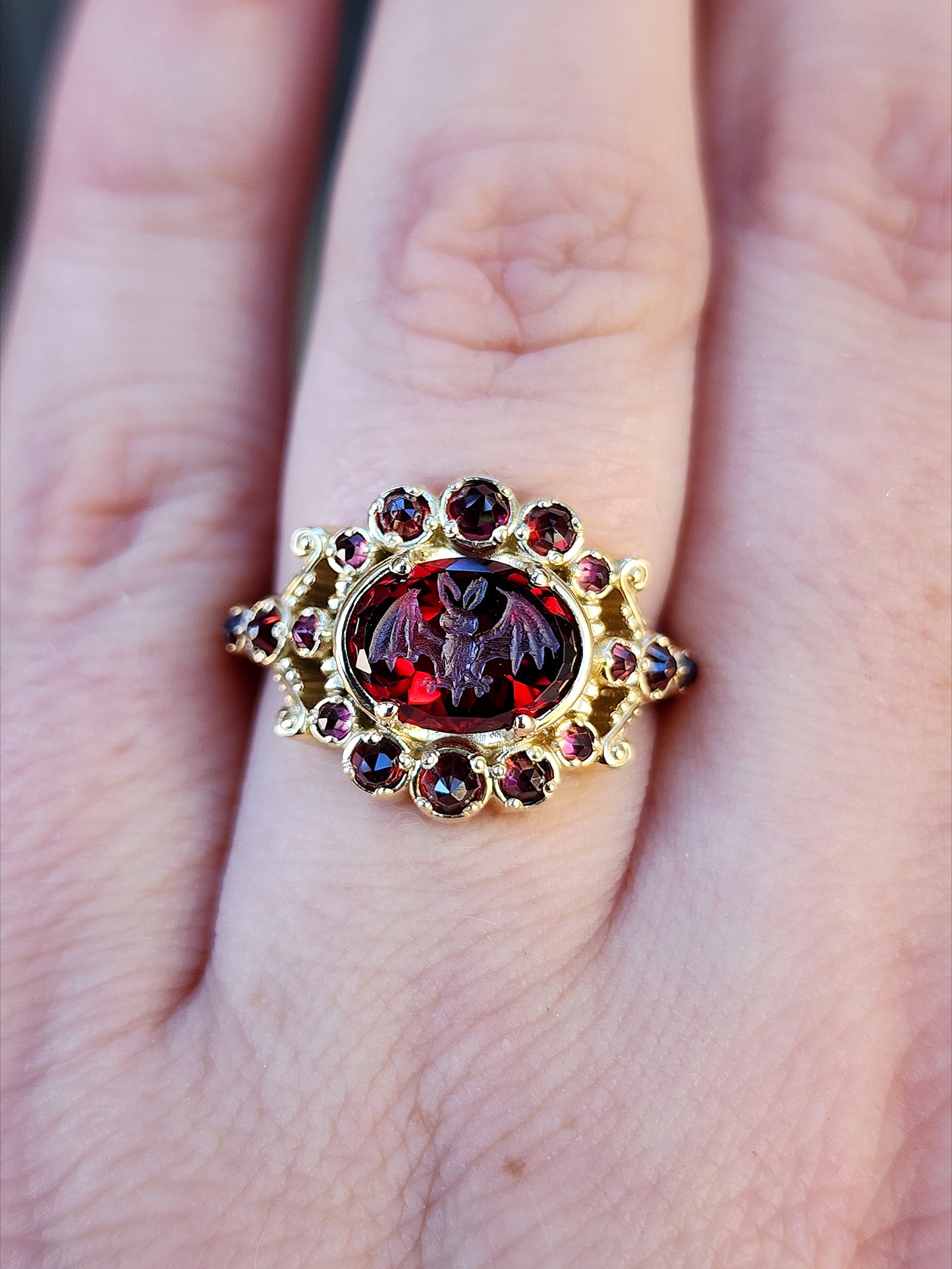 MADE To ORDER - Vampire - Bat Garnet Intaglio Gothic Victorian Style Ring Set with Rose Cut Garnets - Blood Red - Drawlloween