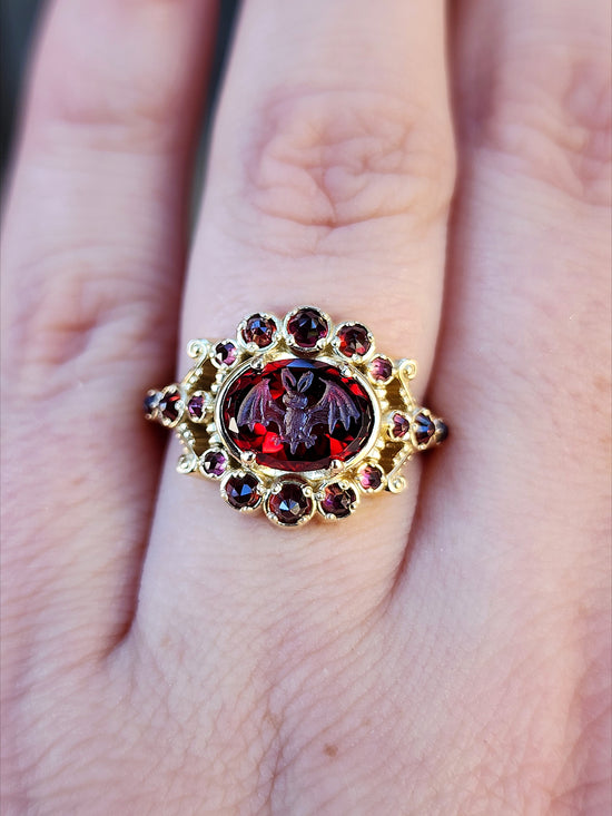 READY To SHIP Size 6-8 - Vampire - Bat Garnet Intaglio Gothic Victorian Style Ring Set with Rose Cut Garnets - Blood Red - Drawlloween 14k Yellow Gold