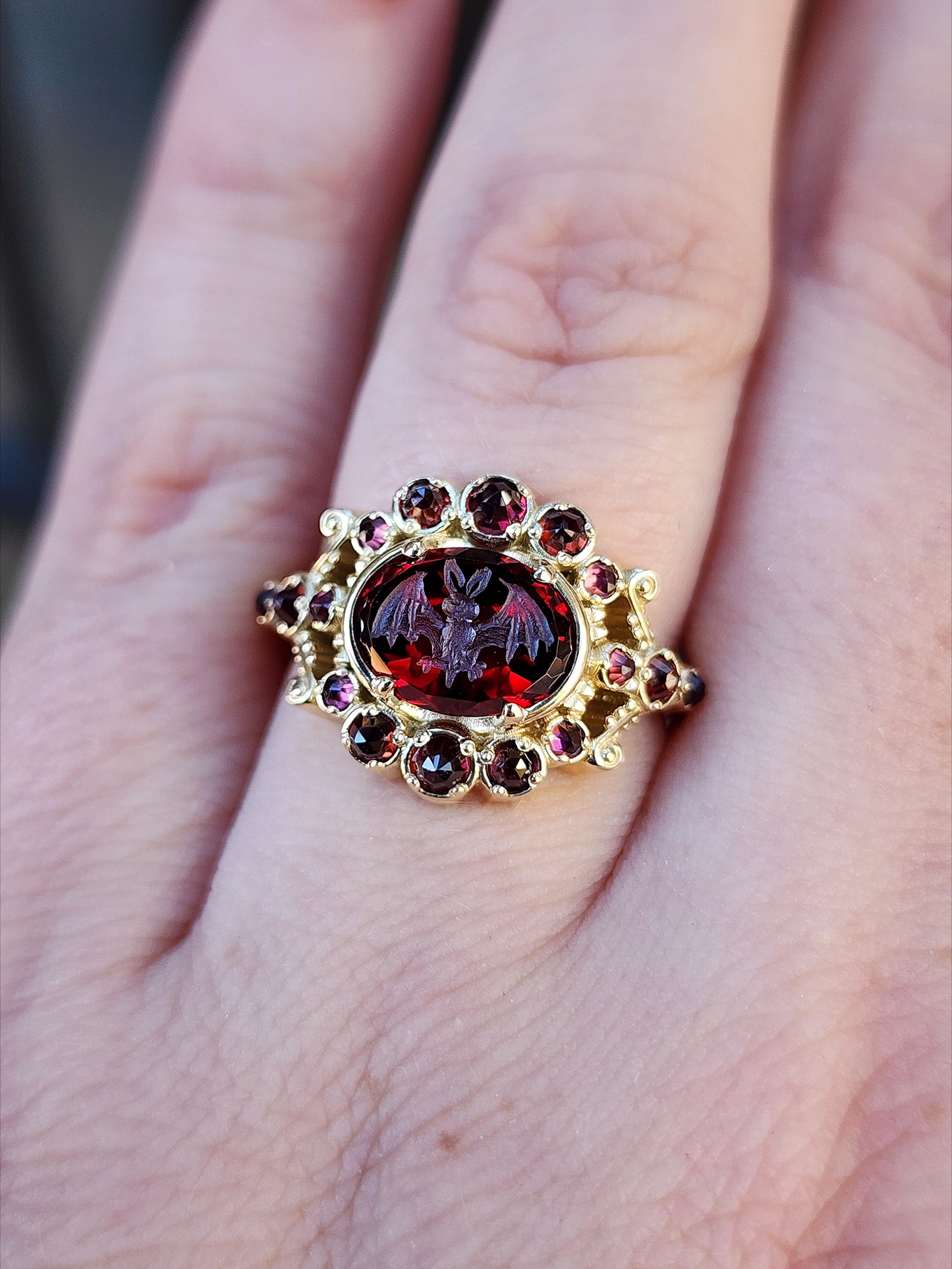 READY To SHIP Size 6-8 - Vampire - Bat Garnet Intaglio Gothic Victorian Style Ring Set with Rose Cut Garnets - Blood Red - Drawlloween 14k Yellow Gold