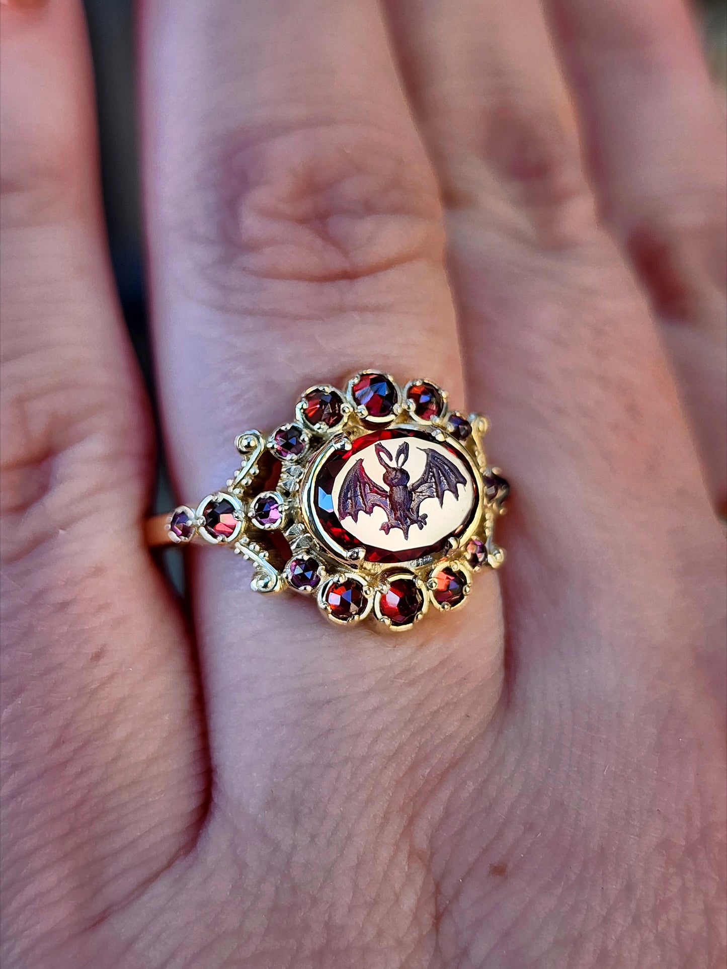 MADE To ORDER - Vampire - Bat Garnet Intaglio Gothic Victorian Style Ring Set with Rose Cut Garnets - Blood Red - Drawlloween