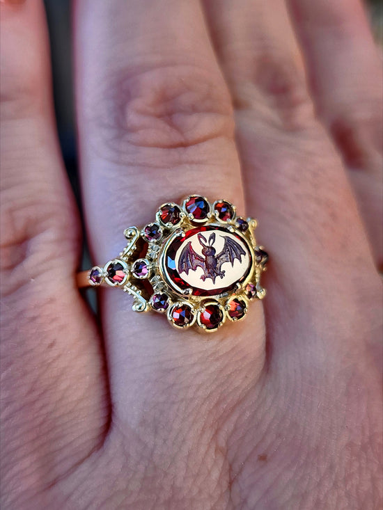 READY To SHIP Size 6-8 - Vampire - Bat Garnet Intaglio Gothic Victorian Style Ring Set with Rose Cut Garnets - Blood Red - Drawlloween 14k Yellow Gold