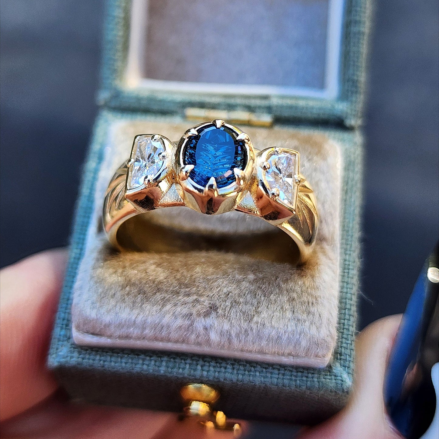 Triple moon witch wide band gold ring with engraved rays and oval teal concave cut sapphire by john dyer with lab diamond half moons 14k yellow gold by swankmetalsmithing fine engagement ring jewelry 