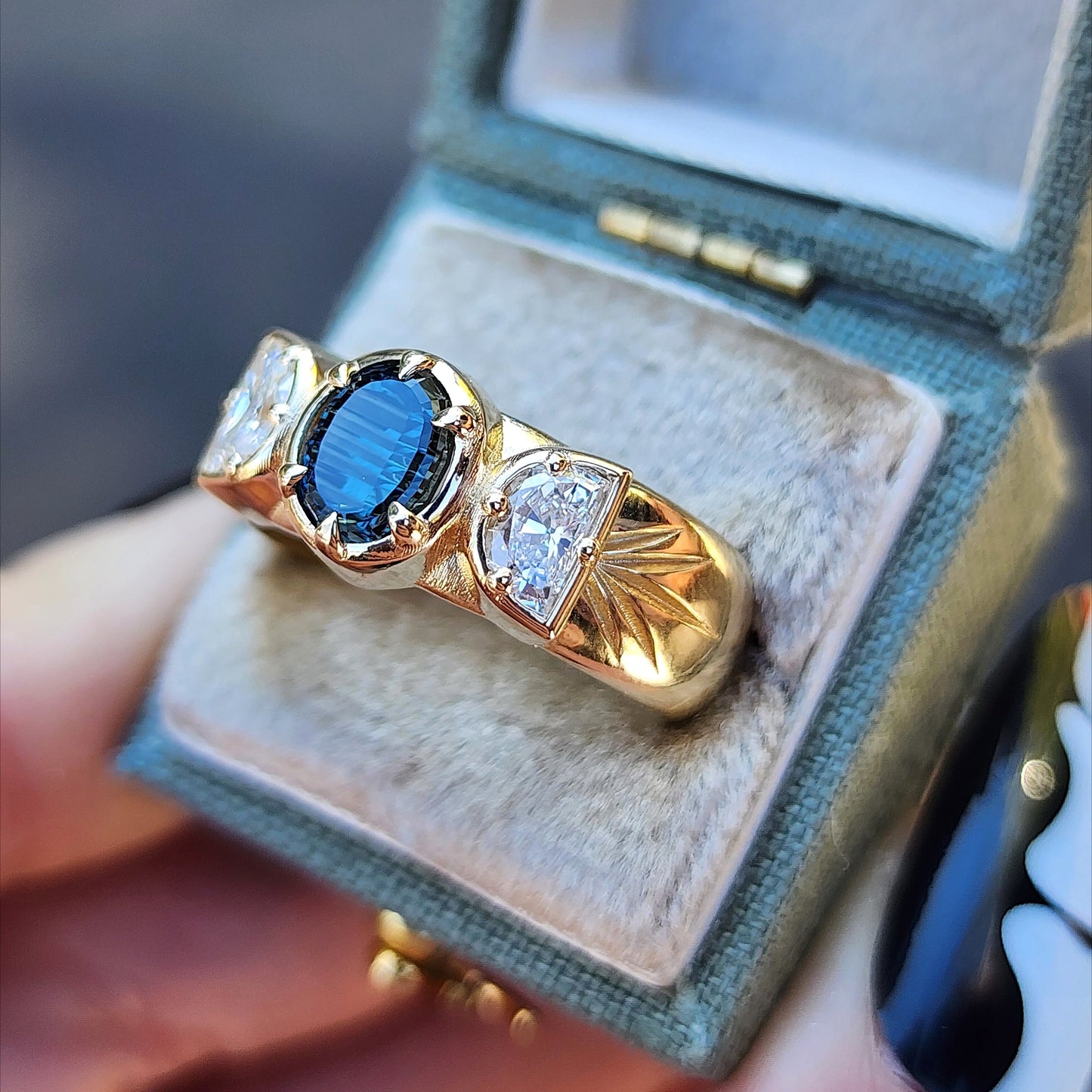 Triple moon witch wide band gold ring with engraved rays and oval teal concave cut sapphire by john dyer with lab diamond half moons 14k yellow gold by swankmetalsmithing fine engagement ring jewelry 