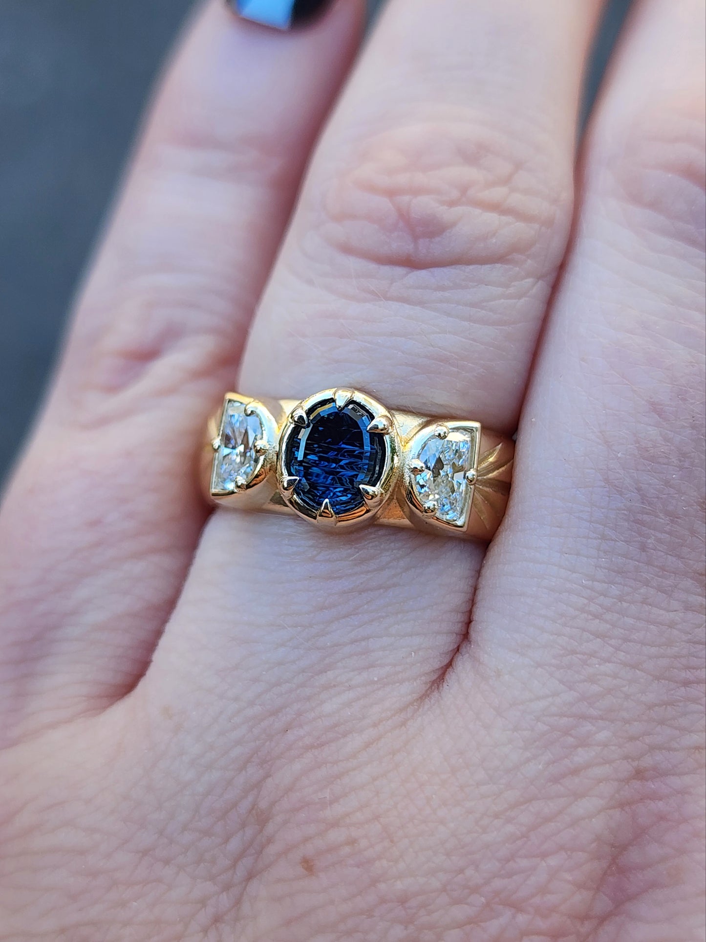 Triple moon witch wide band gold ring with engraved rays and oval teal concave cut sapphire by john dyer with lab diamond half moons 14k yellow gold by swankmetalsmithing fine engagement ring jewelry 