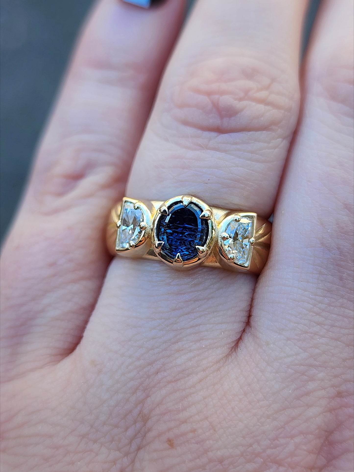 Triple moon witch wide band gold ring with engraved rays and oval teal concave cut sapphire by john dyer with lab diamond half moons 14k yellow gold by swankmetalsmithing fine engagement ring jewelry 