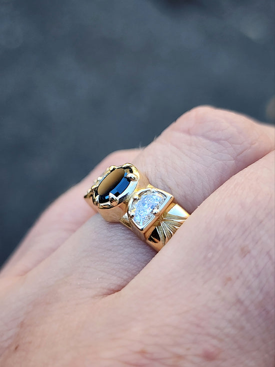 Triple moon witch wide band gold ring with engraved rays and oval teal concave cut sapphire by john dyer with lab diamond half moons 14k yellow gold by swankmetalsmithing fine engagement ring jewelry 