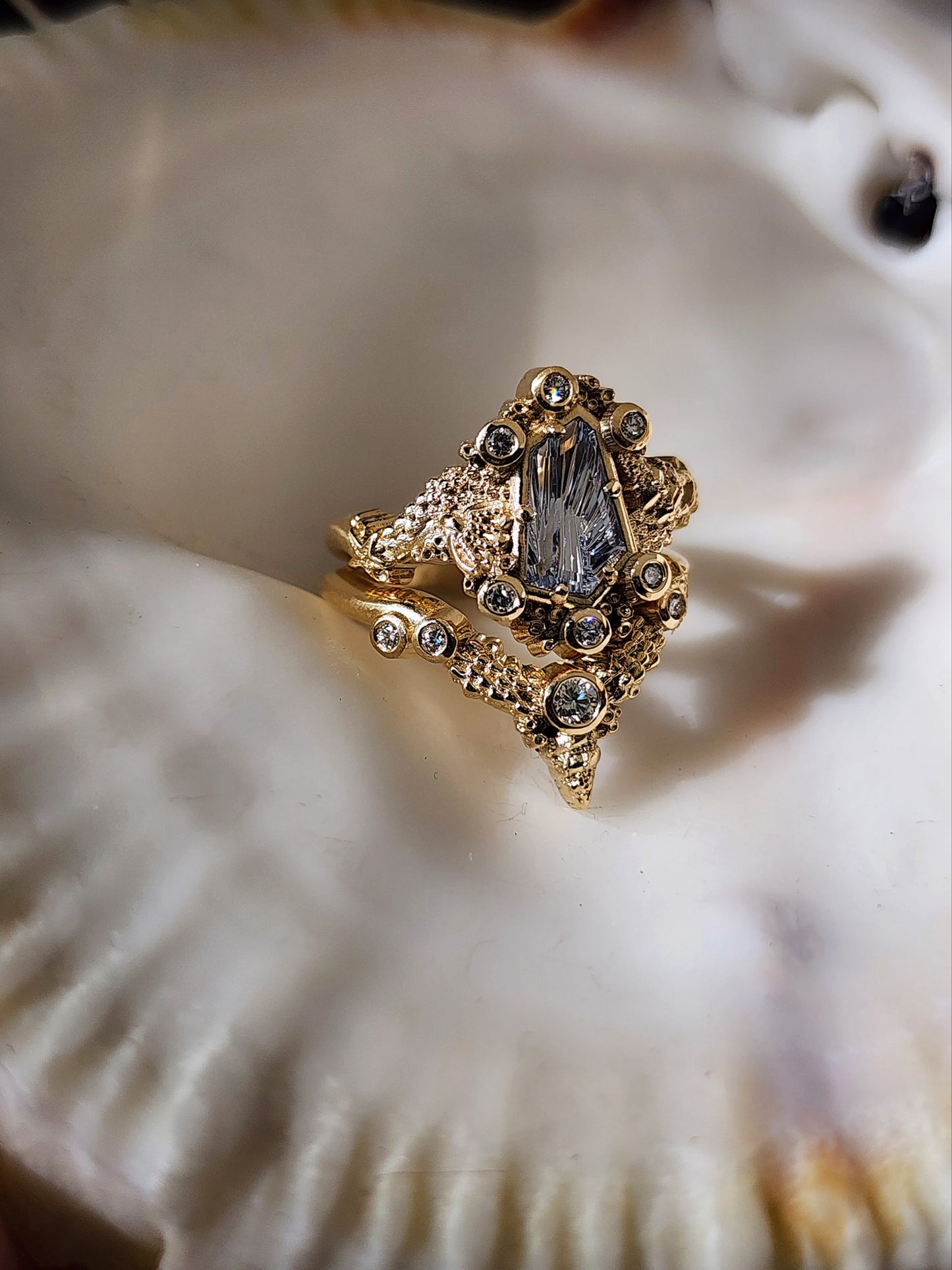 Siren Engagement Ring with a Blue Sapphire Fancy Cut - Seashells Barnacles, Diamonds, 14k yellow gold