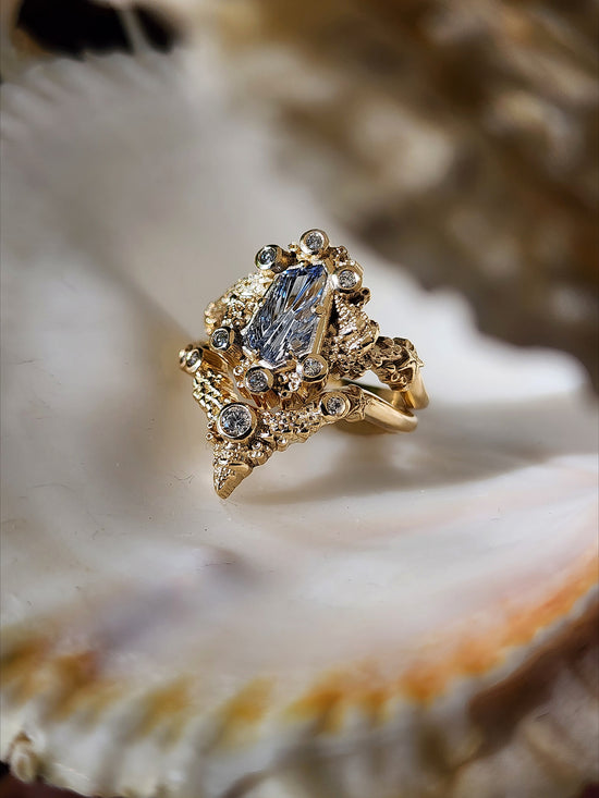 Siren Engagement Ring with a Blue Sapphire Fancy Cut - Seashells Barnacles, Diamonds, 14k yellow gold