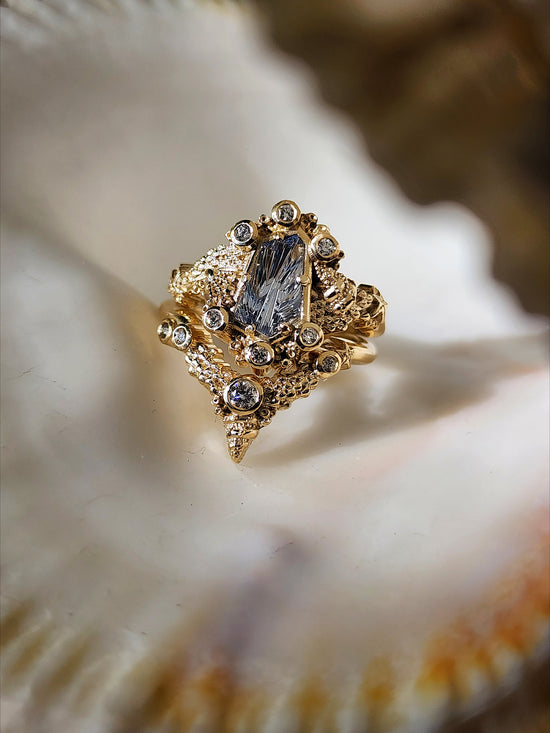 Siren Engagement Ring with a Blue Sapphire Fancy Cut - Seashells Barnacles, Diamonds, 14k yellow gold