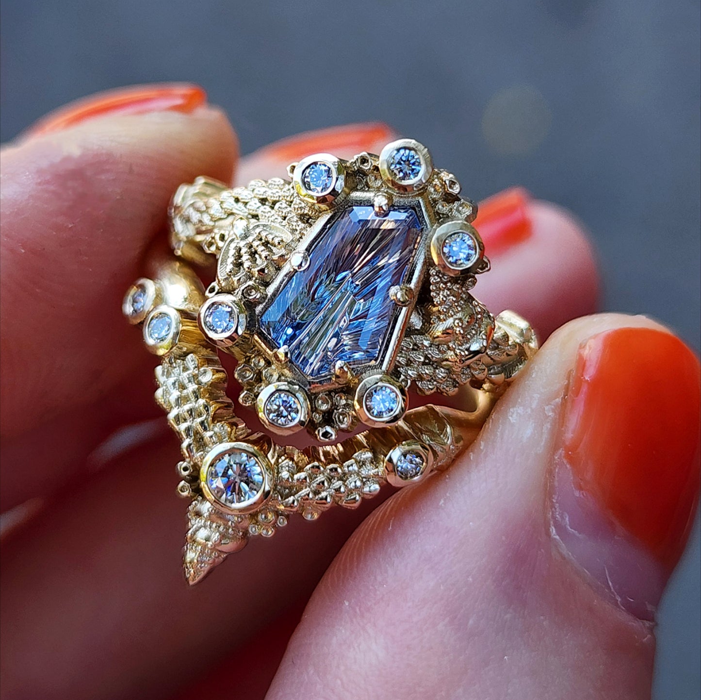 Siren Engagement Ring with a Blue Sapphire Fancy Cut - Seashells Barnacles, Diamonds, 14k yellow gold