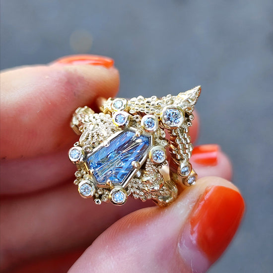 Siren Engagement Ring with a Blue Sapphire Fancy Cut - Seashells Barnacles, Diamonds, 14k yellow gold