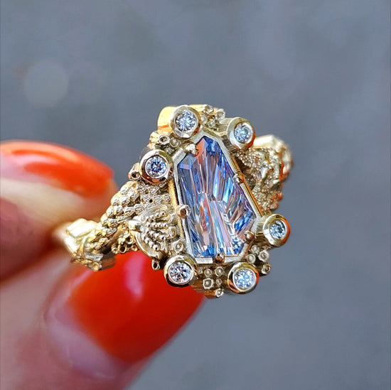 Siren Engagement Ring with a Blue Sapphire Fancy Cut - Seashells Barnacles, Diamonds, 14k yellow gold