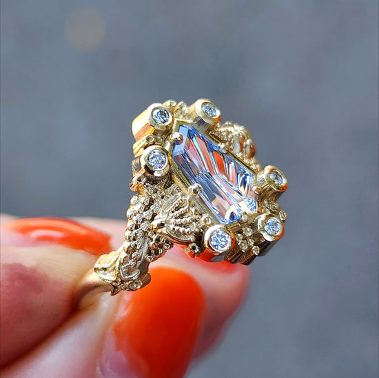 Siren Engagement Ring with a Blue Sapphire Fancy Cut - Seashells Barnacles, Diamonds, 14k yellow gold