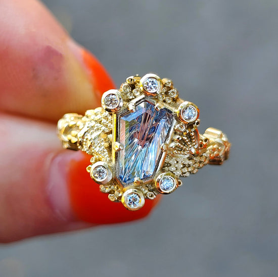 Siren Engagement Ring with a Blue Sapphire Fancy Cut - Seashells Barnacles, Diamonds, 14k yellow gold