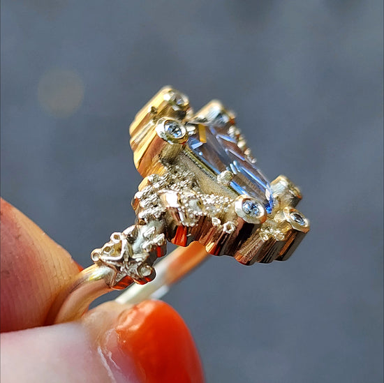 Siren Engagement Ring with a Blue Sapphire Fancy Cut - Seashells Barnacles, Diamonds, 14k yellow gold