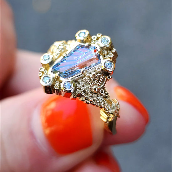 Siren Engagement Ring with a Blue Sapphire Fancy Cut - Seashells Barnacles, Diamonds, 14k yellow gold