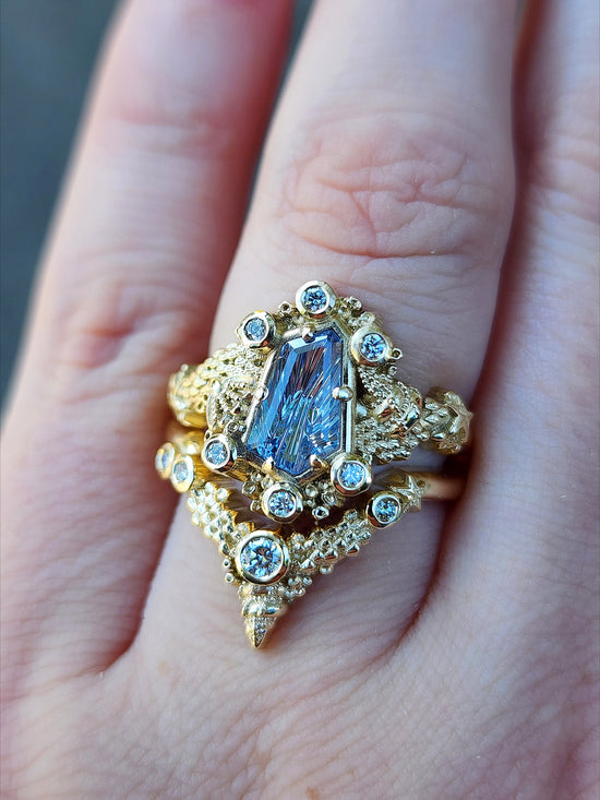 Siren Engagement Ring with a Blue Sapphire Fancy Cut - Seashells Barnacles, Diamonds, 14k yellow gold