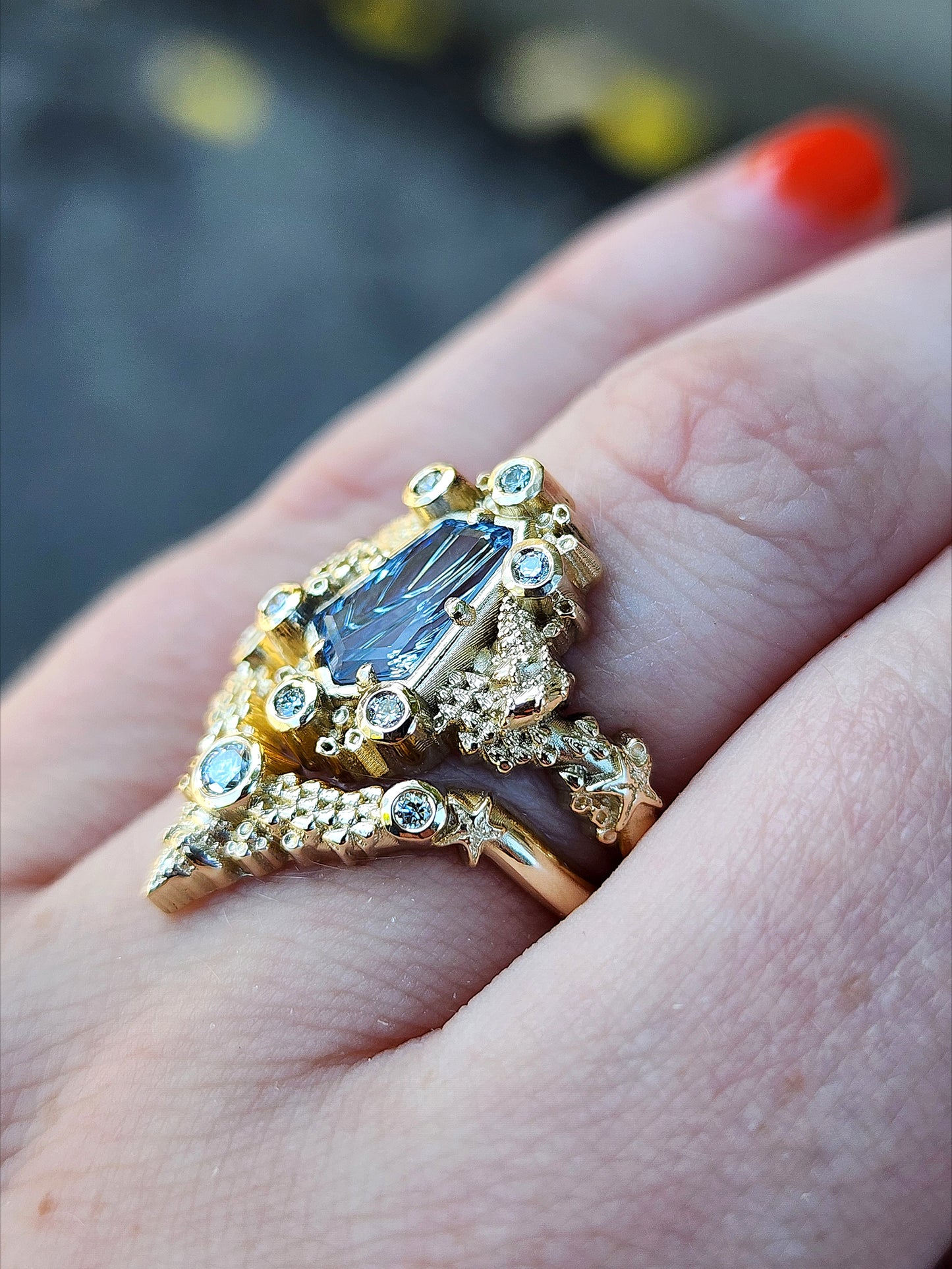 Siren Engagement Ring with a Blue Sapphire Fancy Cut - Seashells Barnacles, Diamonds, 14k yellow gold