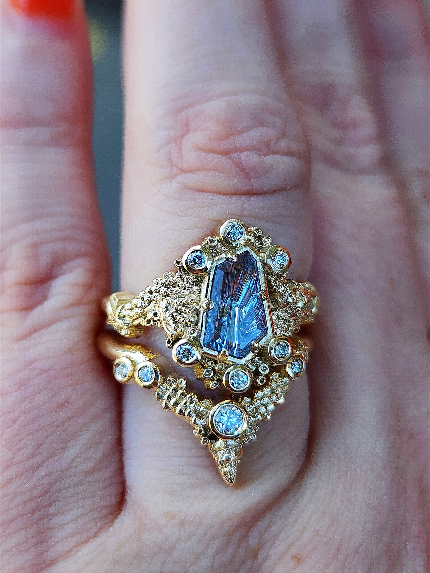 Siren Engagement Ring with a Blue Sapphire Fancy Cut - Seashells Barnacles, Diamonds, 14k yellow gold