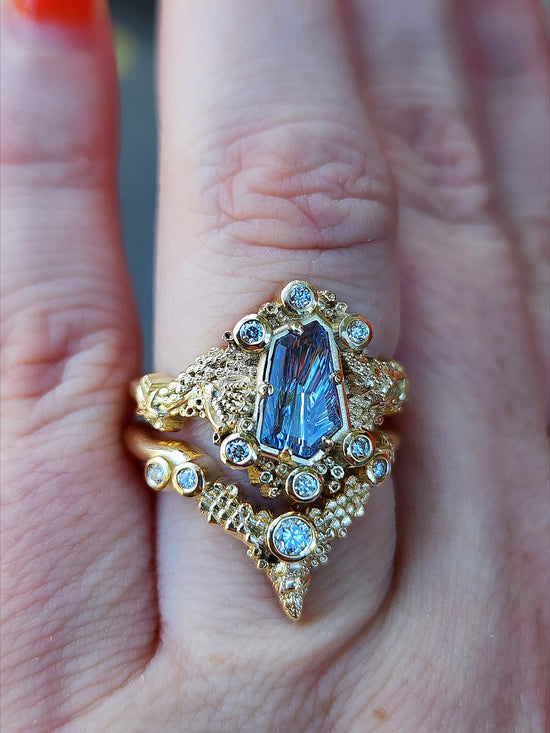 Siren Engagement Ring with a Blue Sapphire Fancy Cut - Seashells Barnacles, Diamonds, 14k yellow gold