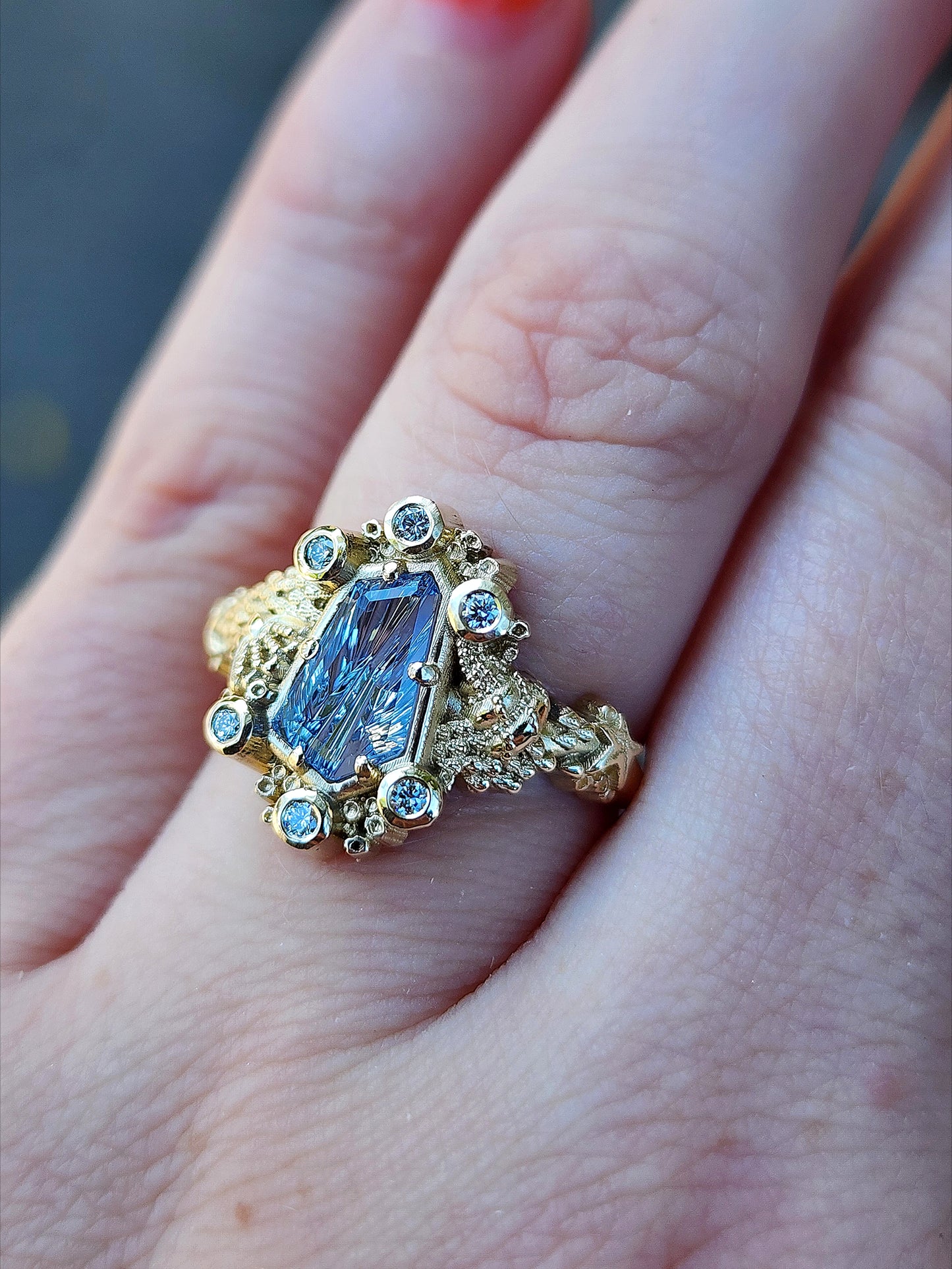 Siren Engagement Ring with a Blue Sapphire Fancy Cut - Seashells Barnacles, Diamonds, 14k yellow gold