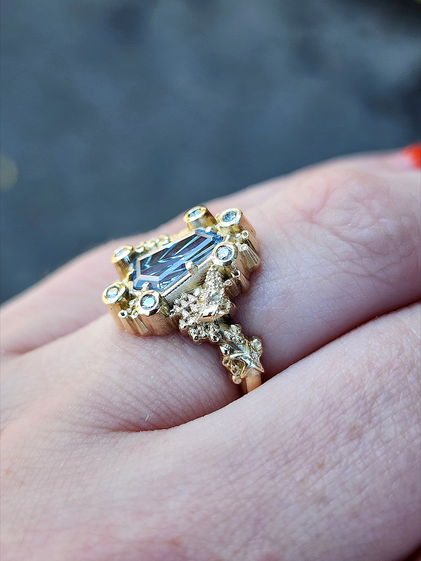 Siren Engagement Ring with a Blue Sapphire Fancy Cut - Seashells Barnacles, Diamonds, 14k yellow gold