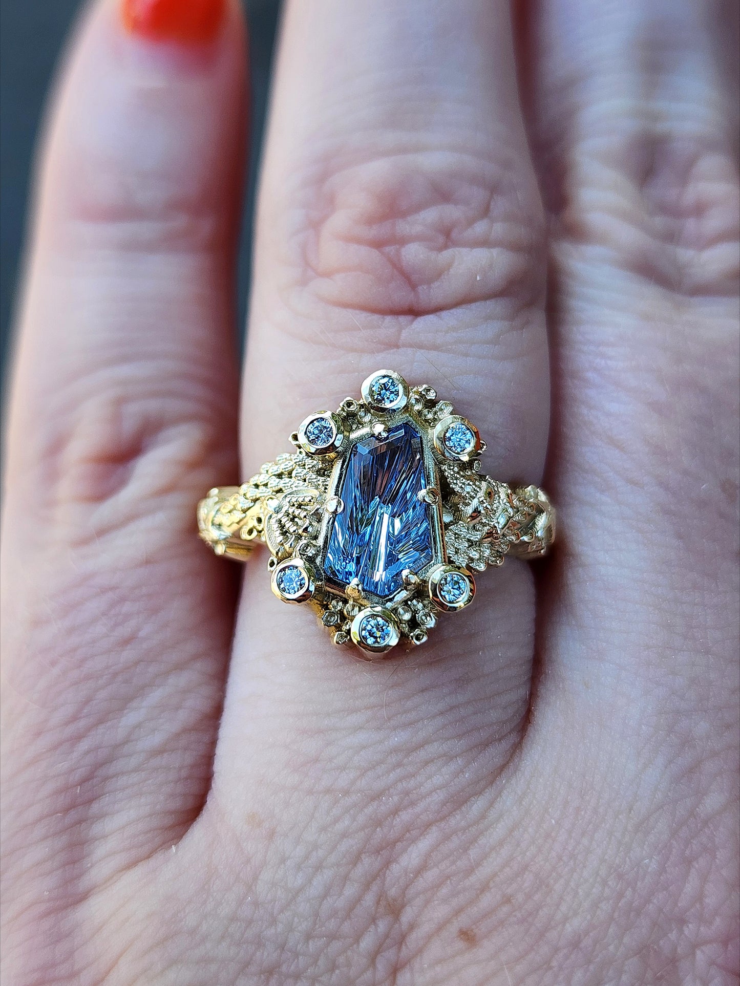 Siren Engagement Ring with a Blue Sapphire Fancy Cut - Seashells Barnacles, Diamonds, 14k yellow gold