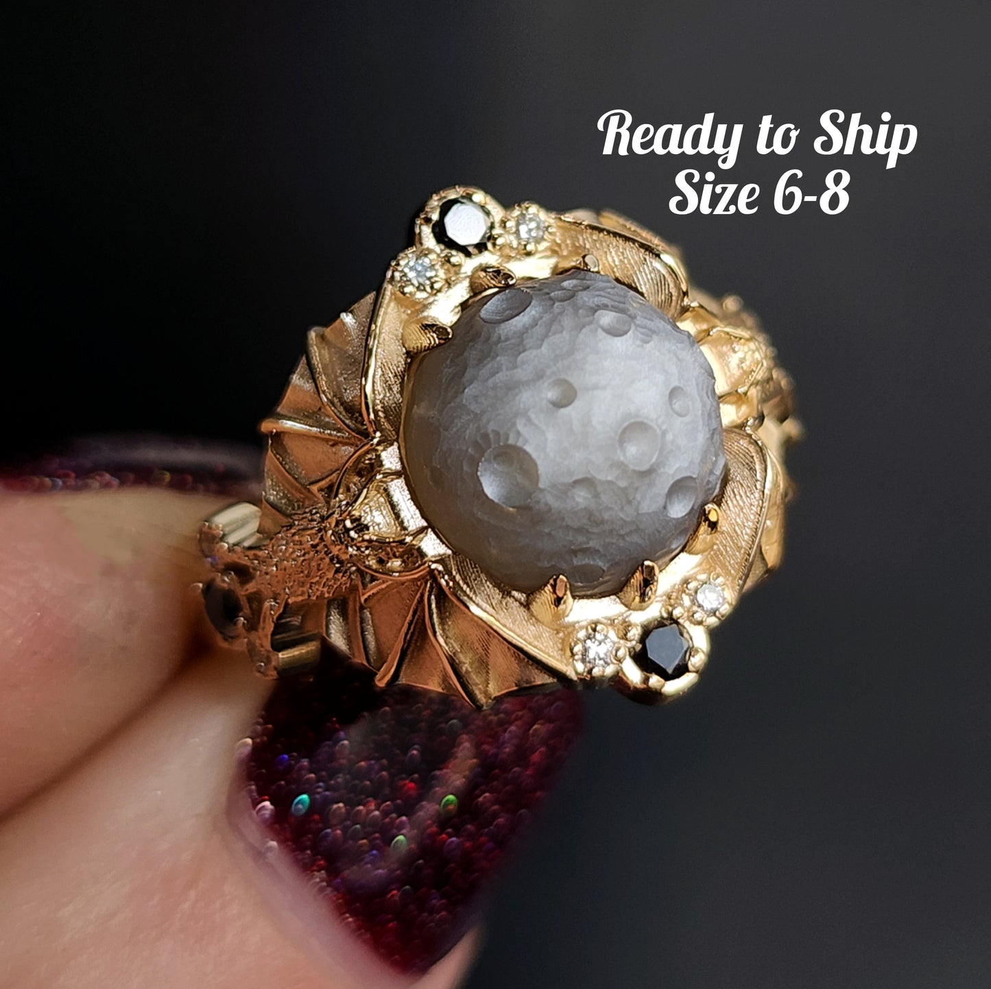 Ready to Ship Size 6-8 Keepers of the Moon - Carved Gray Moonstone Moon with Vampire Bats Dark Fantasy Gothic Victorian Style Ring Set with Black and White Diamonds - Drawlloween 14k Yellow Gold