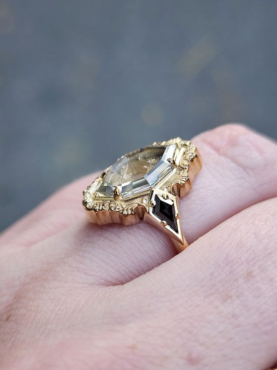 portrait cut moissanite and black diamond death head hawk moth ring with black diamonds 14k gold goth macabre victorian fine jewelry by swankmetalsmithing