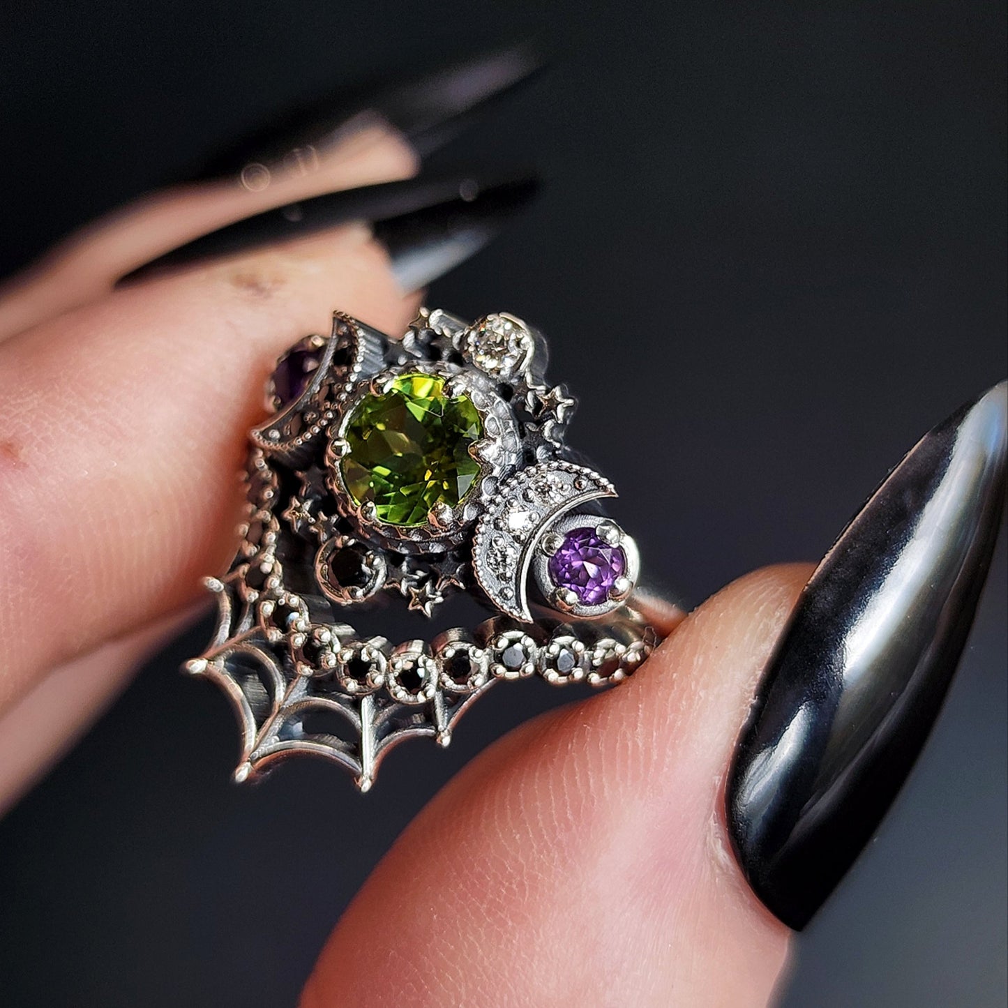 sterling silver cosmos with peridot and amethyst for ghost drawlloween black and white diamonds goth occult jewelry 