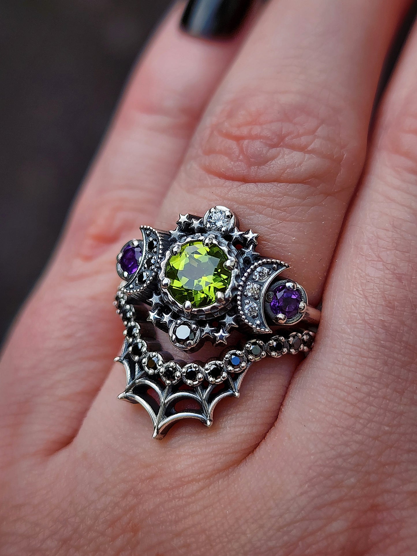 sterling silver cosmos with peridot and amethyst for ghost drawlloween black and white diamonds goth occult jewelry 