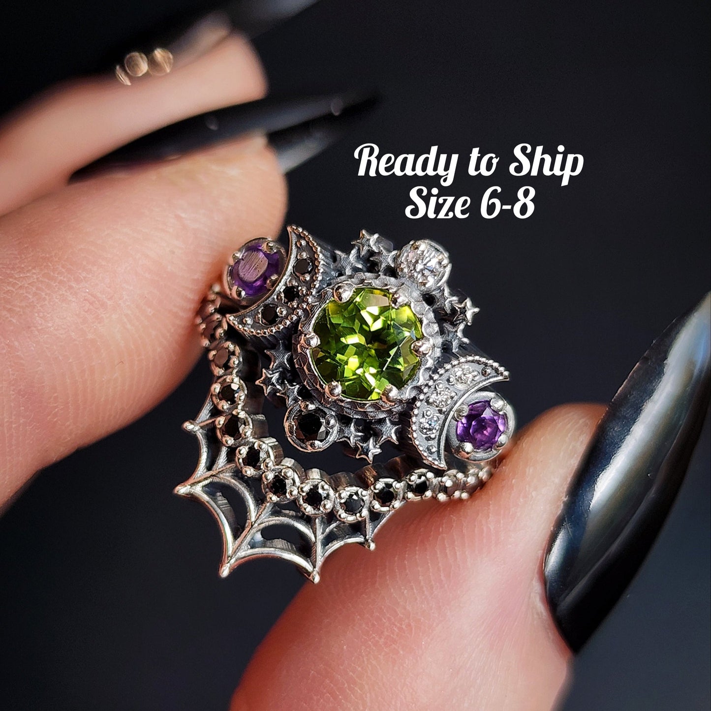 sterling silver cosmos with peridot and amethyst for ghost drawlloween black and white diamonds goth occult jewelry 