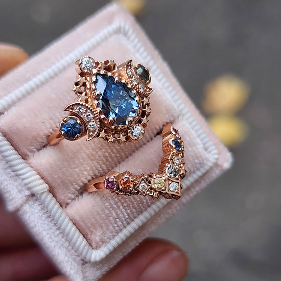 14k rose gold pear cosmos with blue green sapphires and rainbow stardust chevron wedding band celestial ready to ship ring size 5 6 