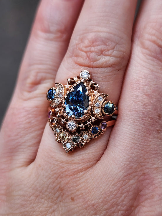 14k rose gold pear cosmos with blue green sapphires and rainbow stardust chevron wedding band celestial ready to ship ring size 5 6 