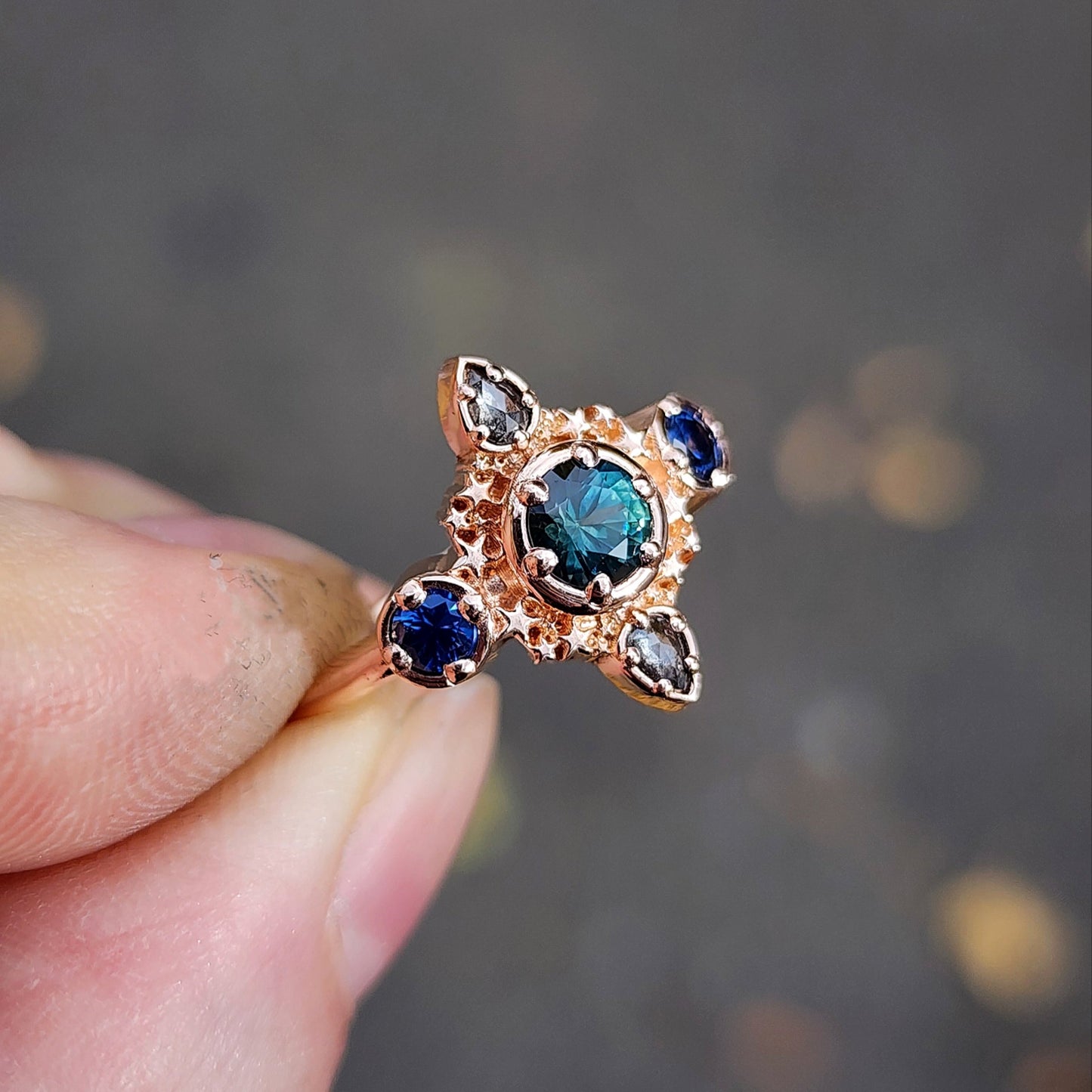 teal and blue montana sapphire stardust 14k gold ring with galaxy pear diamonds gift for her anniversary 