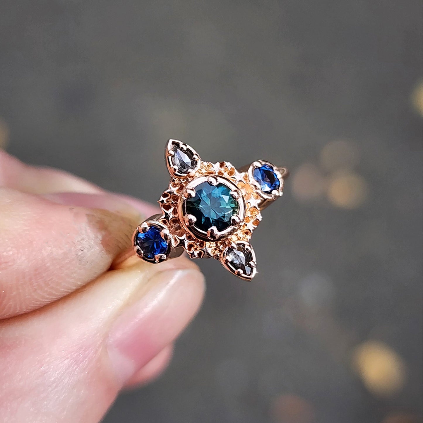 teal and blue montana sapphire stardust 14k gold ring with galaxy pear diamonds gift for her anniversary 