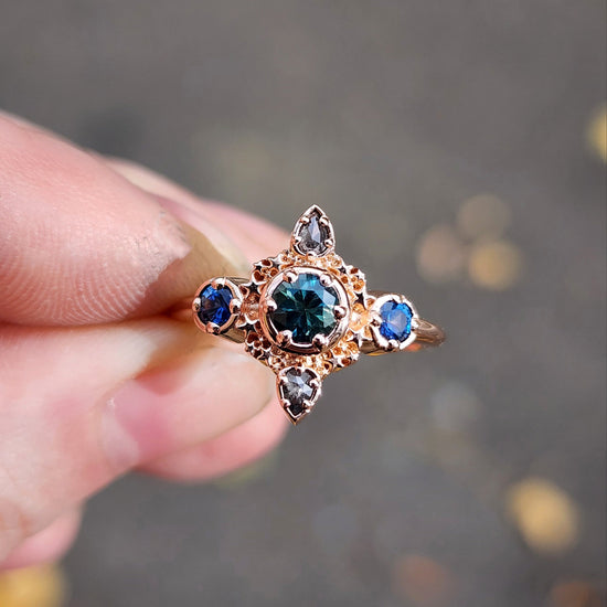 teal and blue montana sapphire stardust 14k gold ring with galaxy pear diamonds gift for her anniversary 