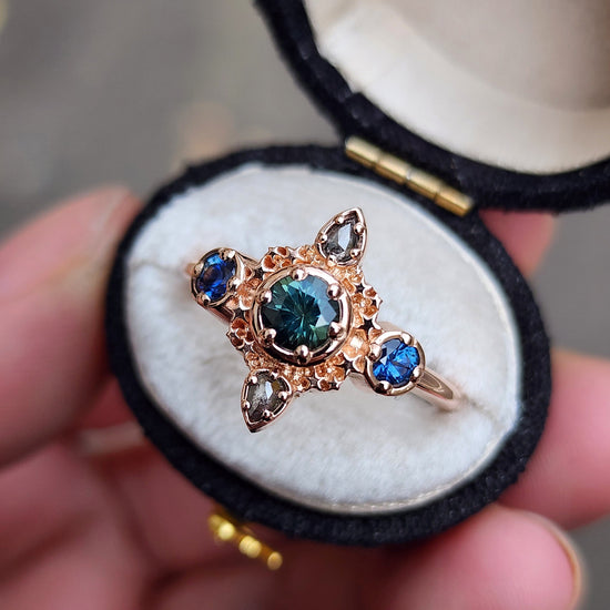 teal and blue montana sapphire stardust 14k gold ring with galaxy pear diamonds gift for her anniversary 