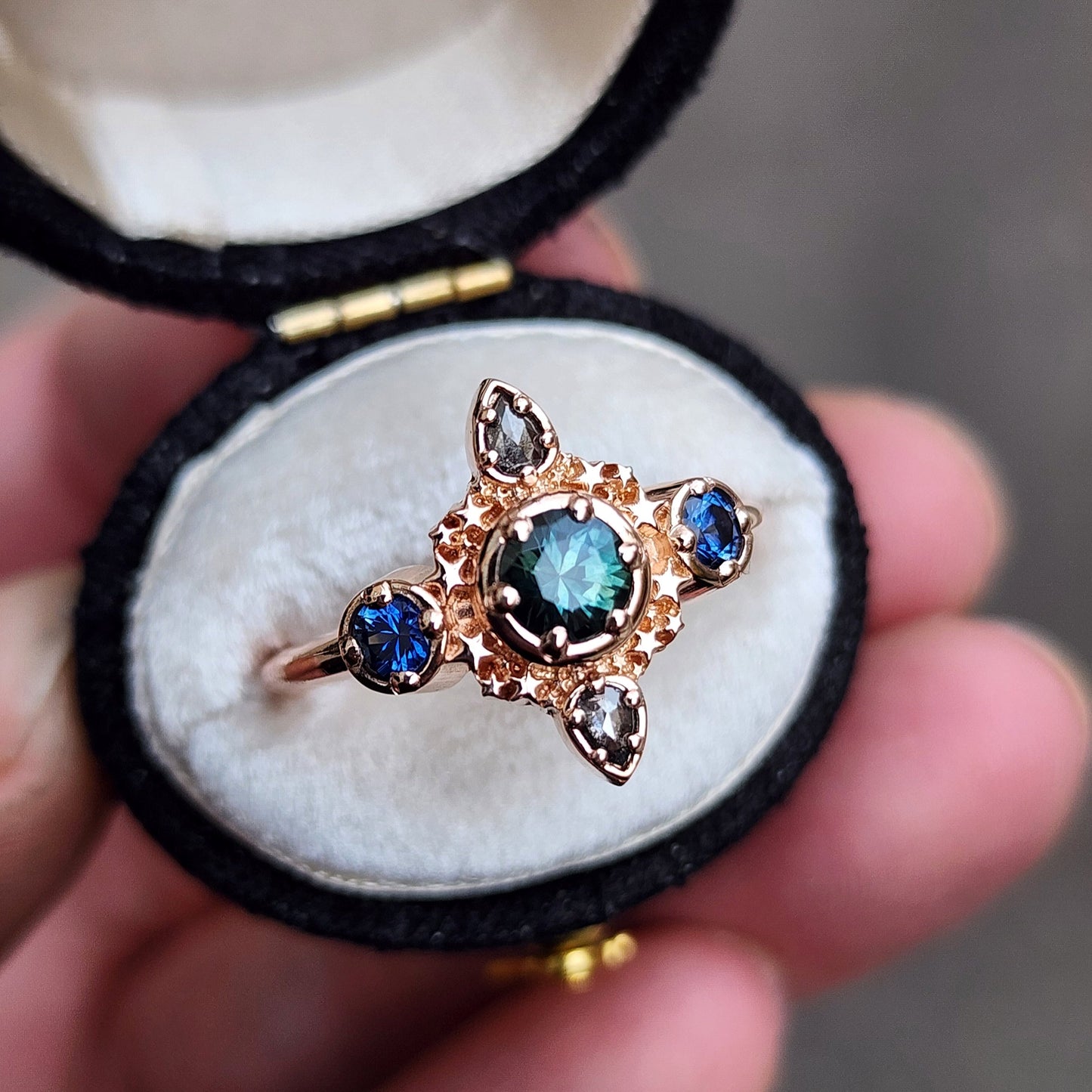 teal and blue montana sapphire stardust 14k gold ring with galaxy pear diamonds gift for her anniversary 