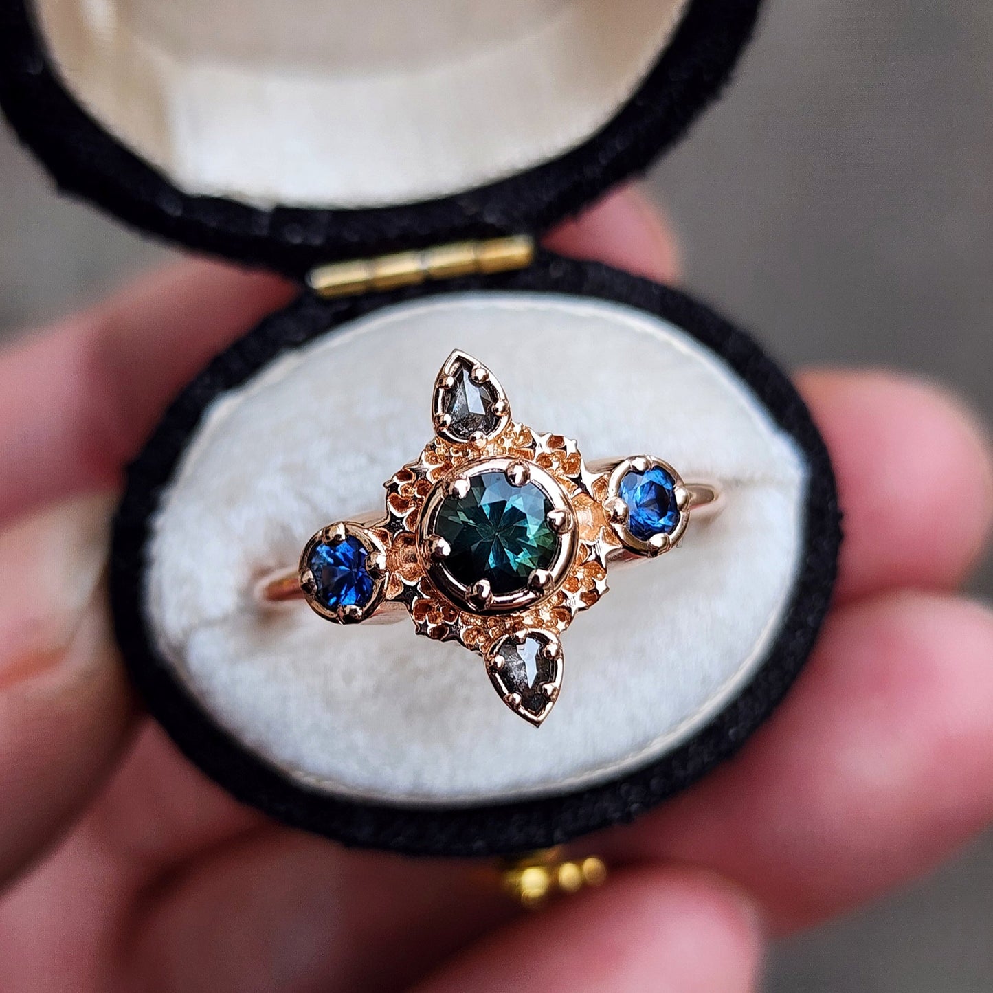 teal and blue montana sapphire stardust 14k gold ring with galaxy pear diamonds gift for her anniversary 