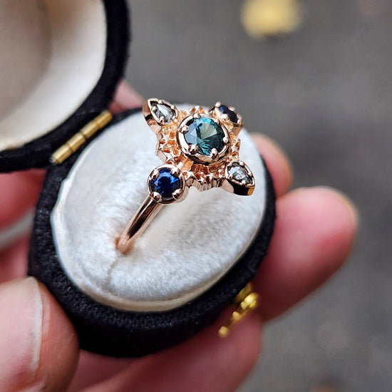 teal and blue montana sapphire stardust 14k gold ring with galaxy pear diamonds gift for her anniversary 