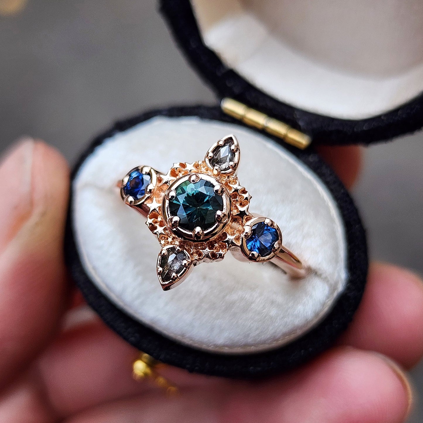 teal and blue montana sapphire stardust 14k gold ring with galaxy pear diamonds gift for her anniversary 