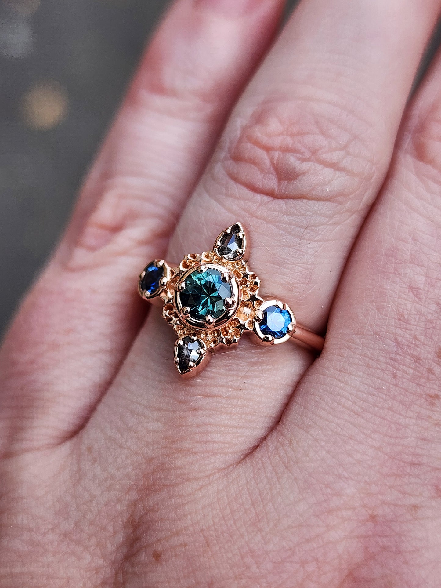 teal and blue montana sapphire stardust 14k gold ring with galaxy pear diamonds gift for her anniversary 