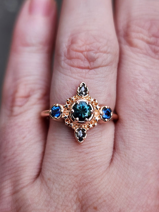 teal and blue montana sapphire stardust 14k gold ring with galaxy pear diamonds gift for her anniversary 