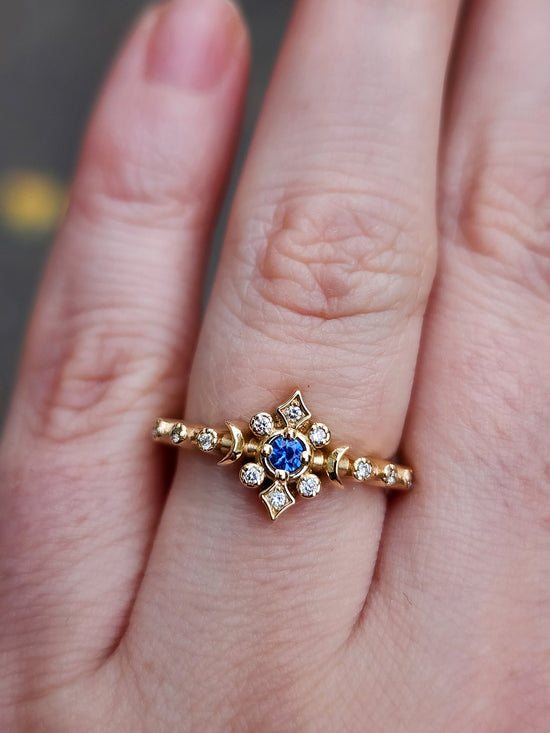 cornflower blue sapphire delicate triple moon ring with diamonds 14k yellow gold