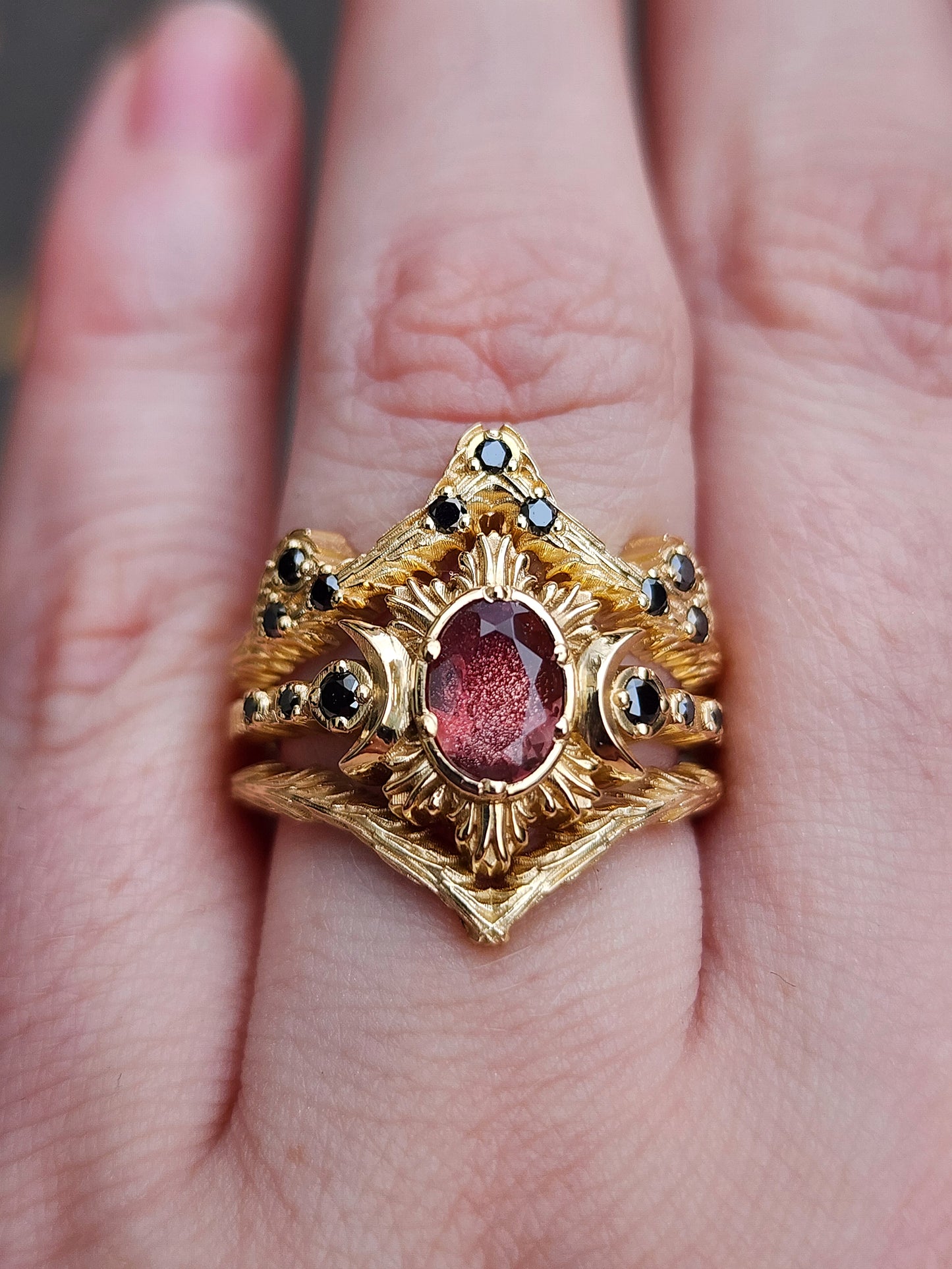 3 ring wedding set triple moon ring with red oregon sunstone oval and black diamonds gothic fine jewelry 14k yellow gold