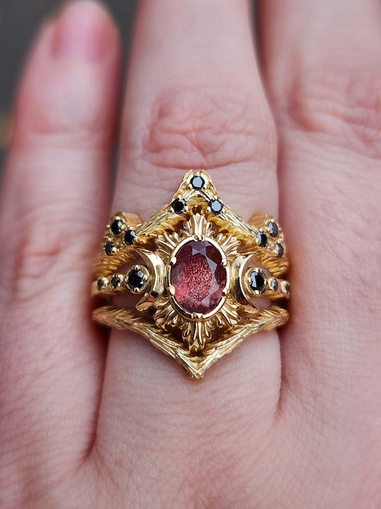 3 ring wedding set triple moon ring with red oregon sunstone oval and black diamonds gothic fine jewelry 14k yellow gold